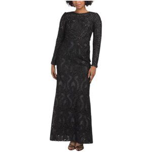 BADGLEY MISCHKA Long Sleeve Lace Beaded Gown